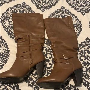 Brown tall leather high heeled boots size 8